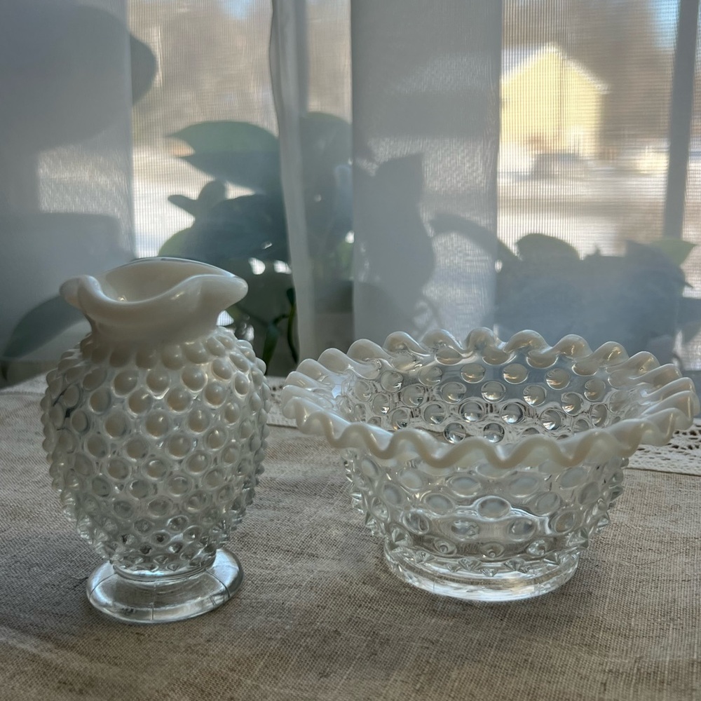 Fenton Hobnail Glass Vase and Bowl Set